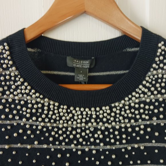 Halogen x Atlantic-Pacific Women's Black-Silver Pearled Stripe Sweater Size S - Picture 3 of 12